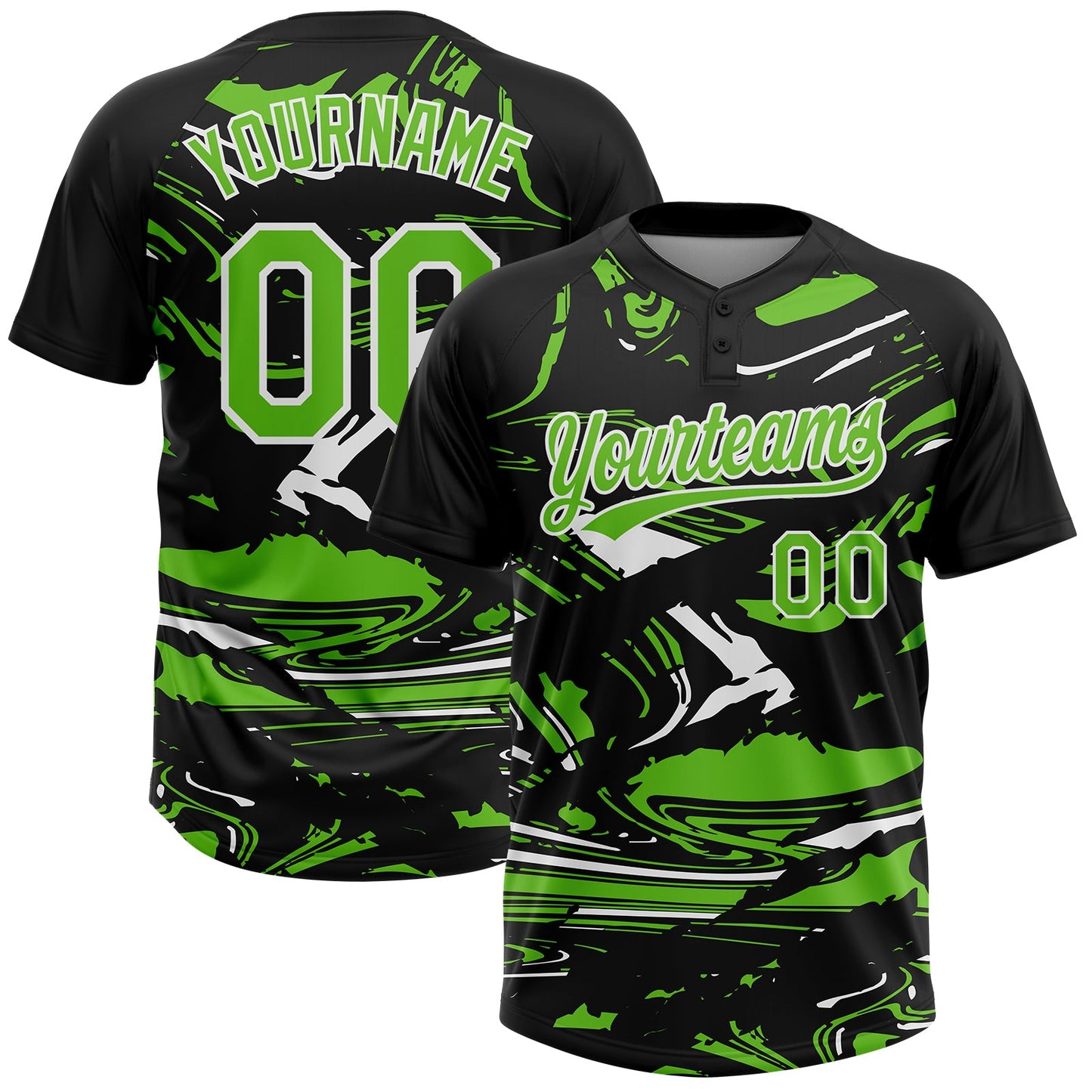 Custom Black Aurora Green-White Raglan Sleeves Abstract Fluid Marble Two-Button Unisex Softball Jersey