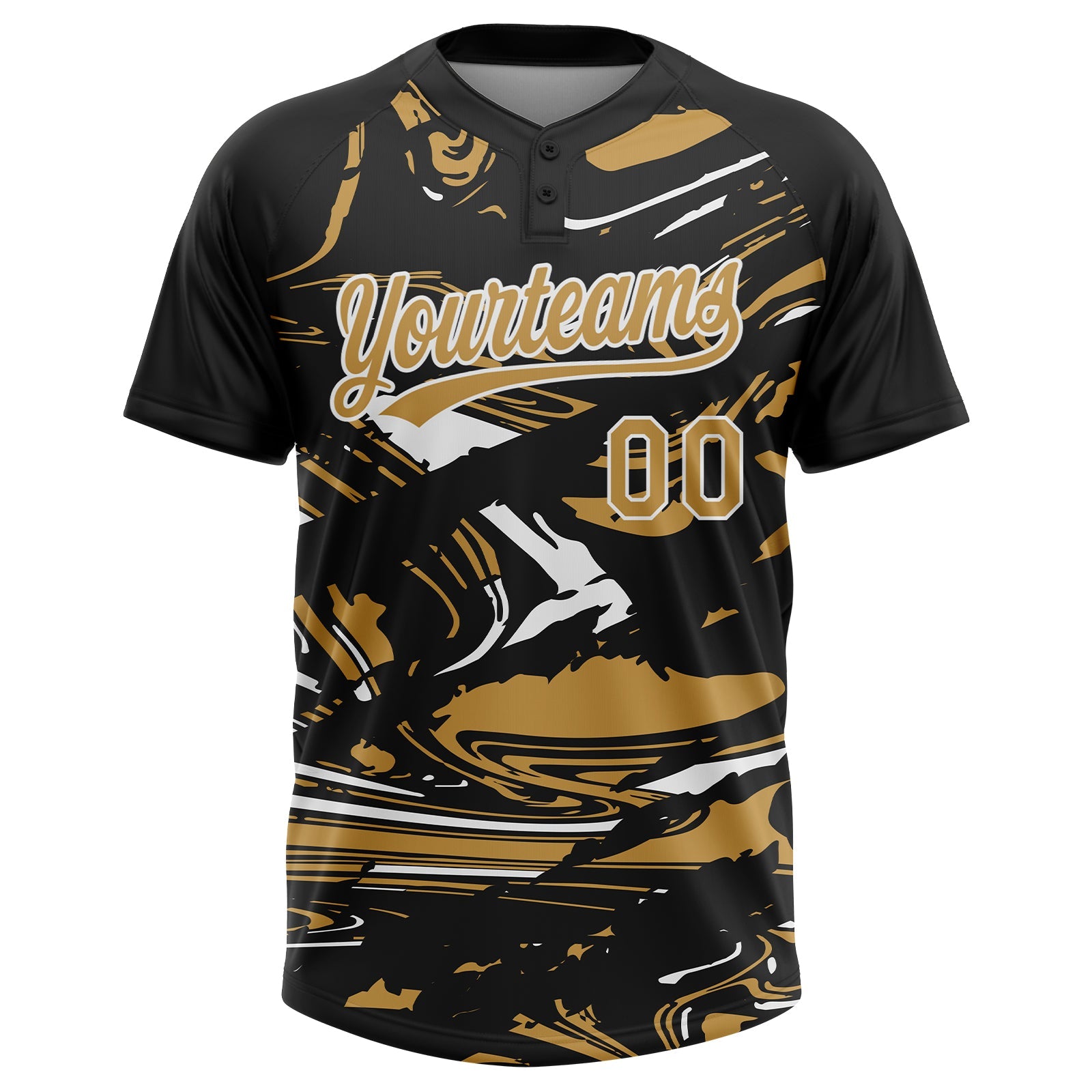 Custom Black Old Gold-White Raglan Sleeves Abstract Fluid Marble Two-Button Unisex Softball Jersey