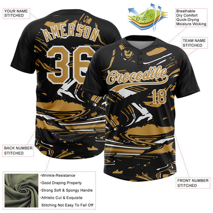 Custom Black Old Gold-White Raglan Sleeves Abstract Fluid Marble Two-Button Unisex Softball Jersey