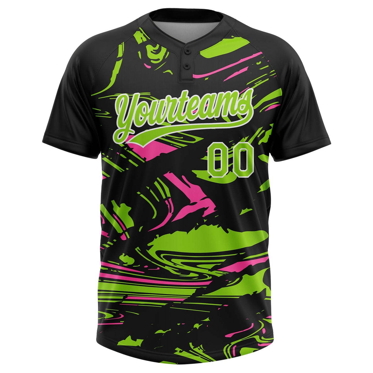 Custom Black Neon Green Pink-White Raglan Sleeves Abstract Fluid Marble Two-Button Unisex Softball Jersey