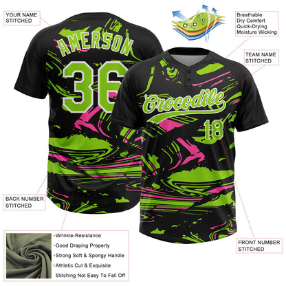 Custom Black Neon Green Pink-White Raglan Sleeves Abstract Fluid Marble Two-Button Unisex Softball Jersey