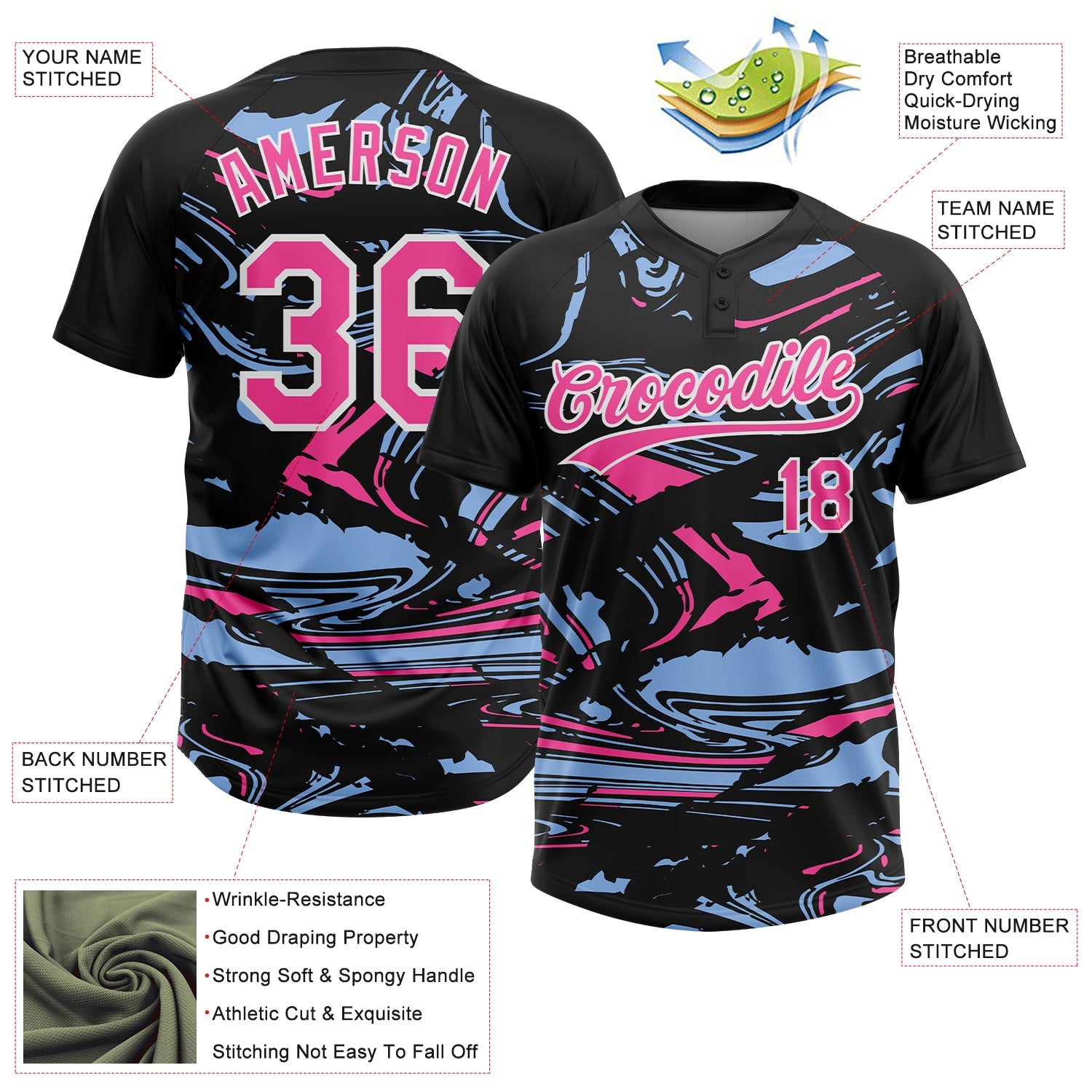 Custom Black Pink Light Blue-White Raglan Sleeves Abstract Fluid Marble Two-Button Unisex Softball Jersey