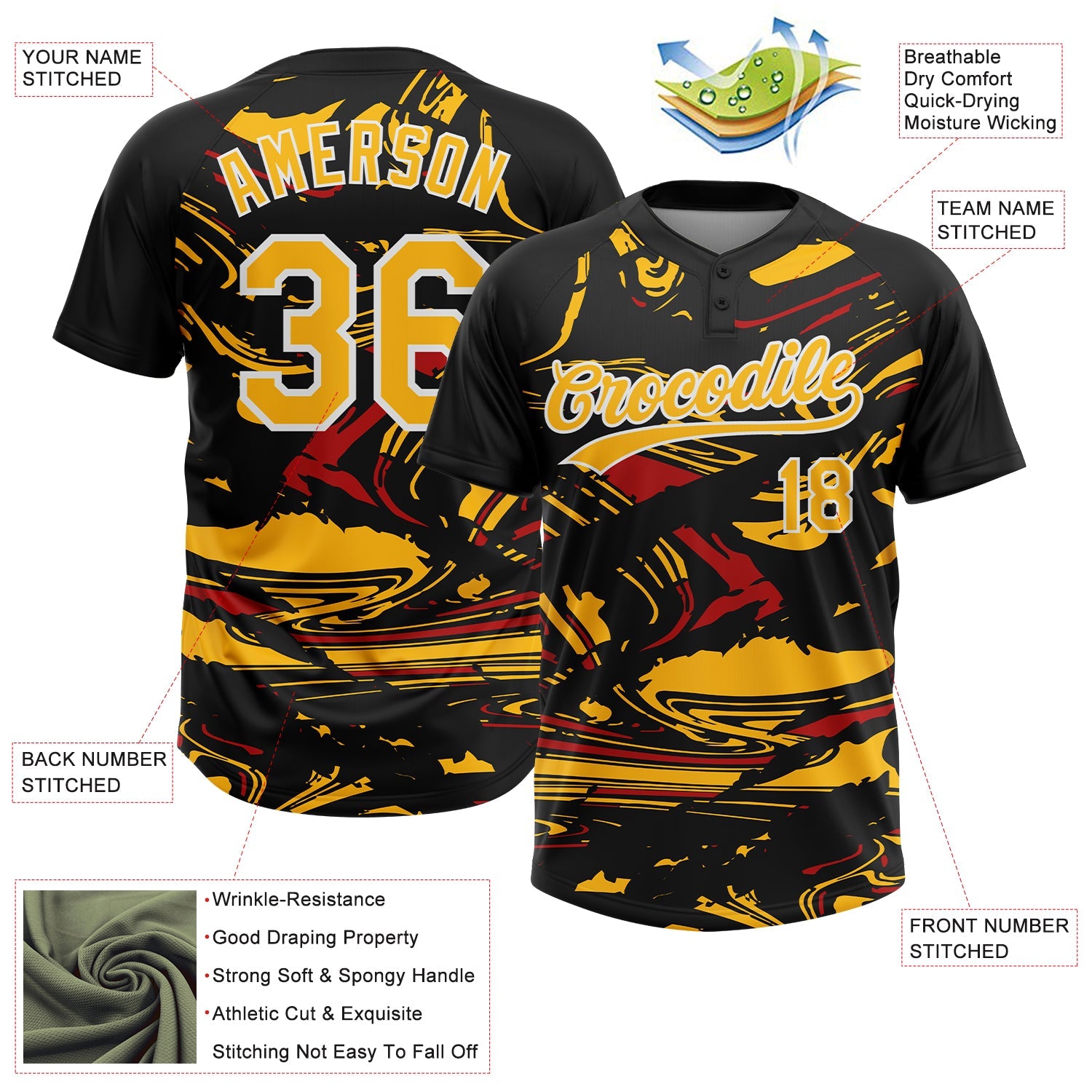 Custom Black Gold Red-White Raglan Sleeves Abstract Fluid Marble Two-Button Unisex Softball Jersey