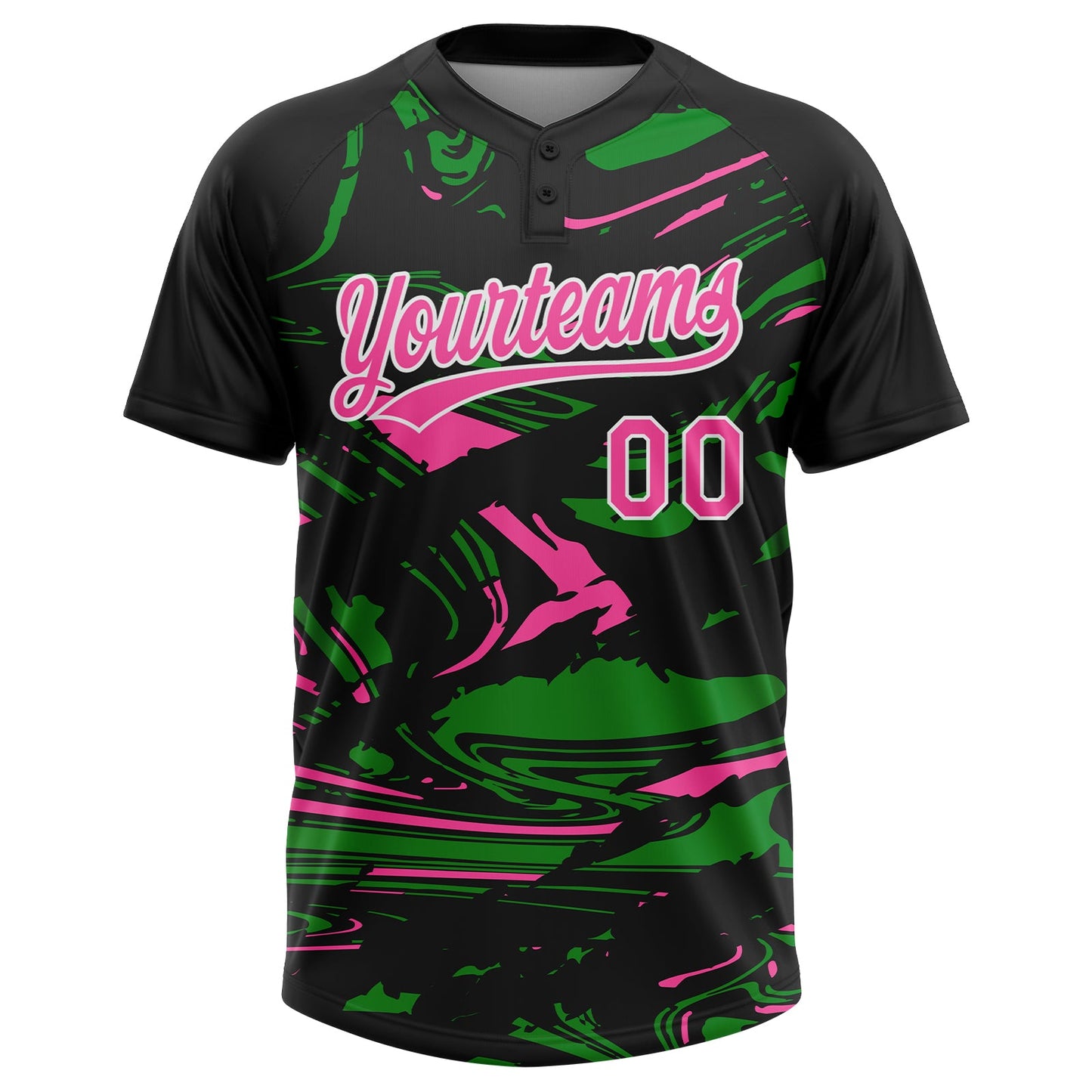 Custom Black Pink Grass Green-White Raglan Sleeves Abstract Fluid Marble Two-Button Unisex Softball Jersey
