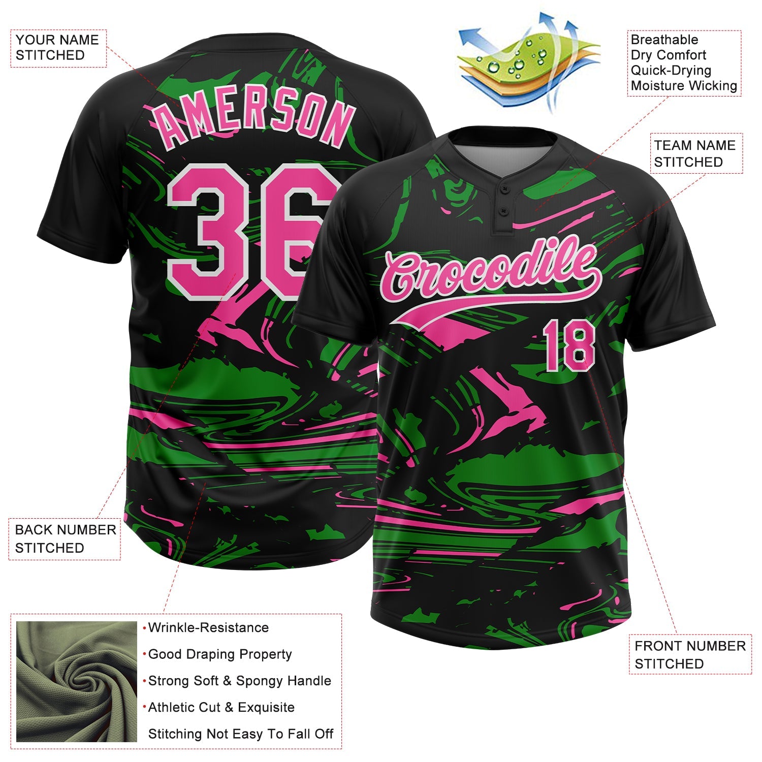 Custom Black Pink Grass Green-White Raglan Sleeves Abstract Fluid Marble Two-Button Unisex Softball Jersey