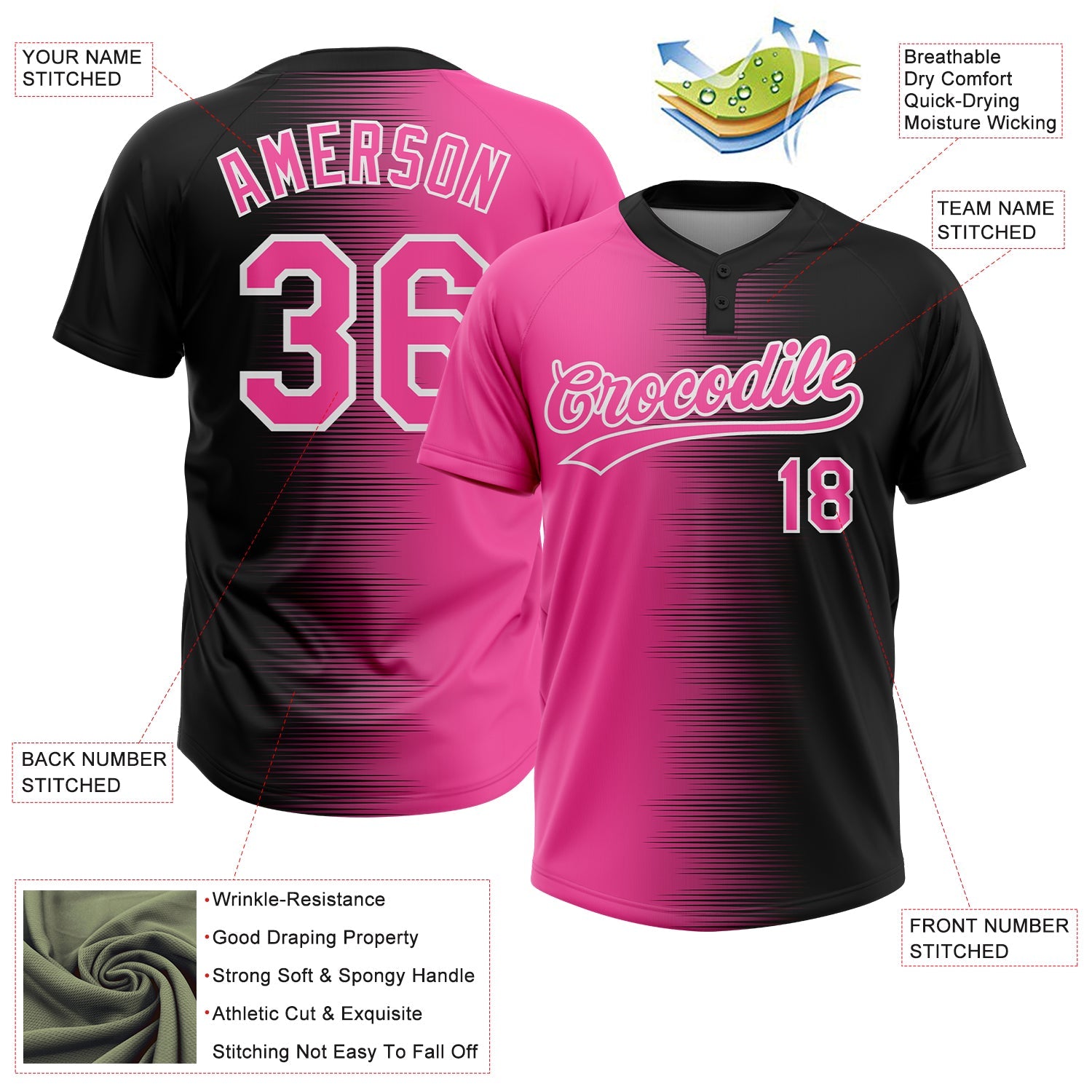 Custom Black Pink-White Gradient Horizontal Stripe Two-Button Unisex Softball Jersey