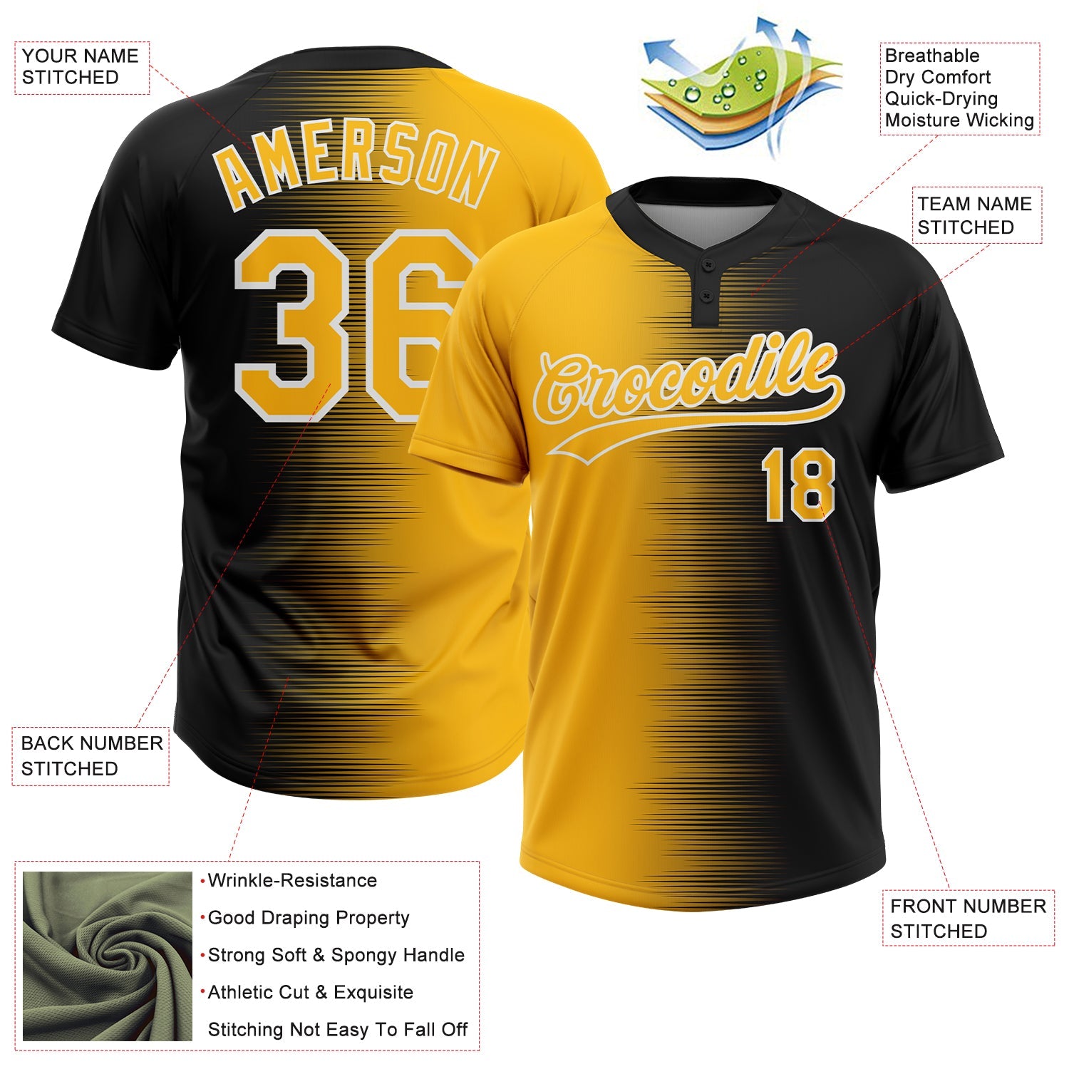 Custom Black Gold-White Gradient Horizontal Stripe Two-Button Unisex Softball Jersey