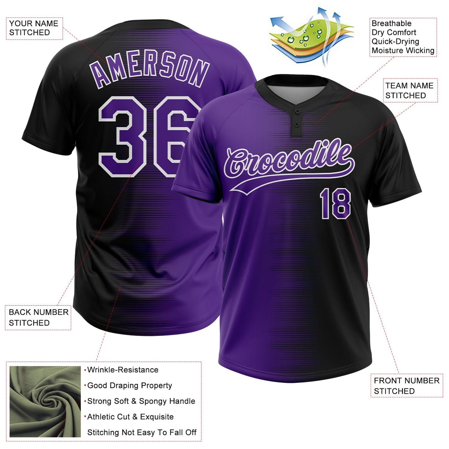 Custom Black Purple-White Gradient Horizontal Stripe Two-Button Unisex Softball Jersey