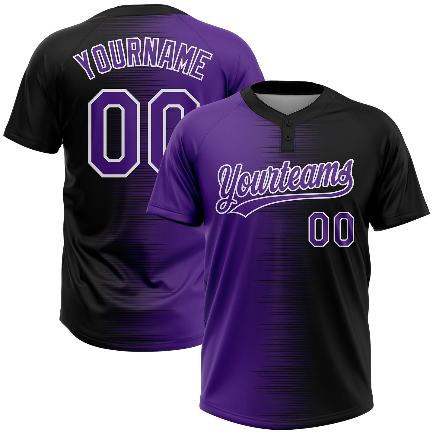 Custom Black Purple-White Gradient Horizontal Stripe Two-Button Unisex Softball Jersey