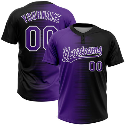 Custom Black Purple-White Gradient Horizontal Stripe Two-Button Unisex Softball Jersey