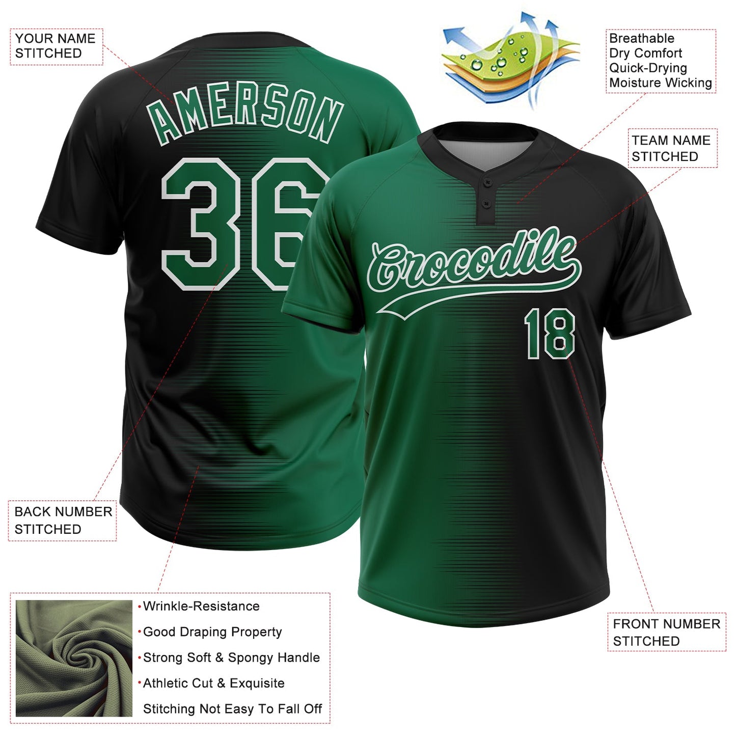 Custom Black Kelly Green-White Gradient Horizontal Stripe Two-Button Unisex Softball Jersey