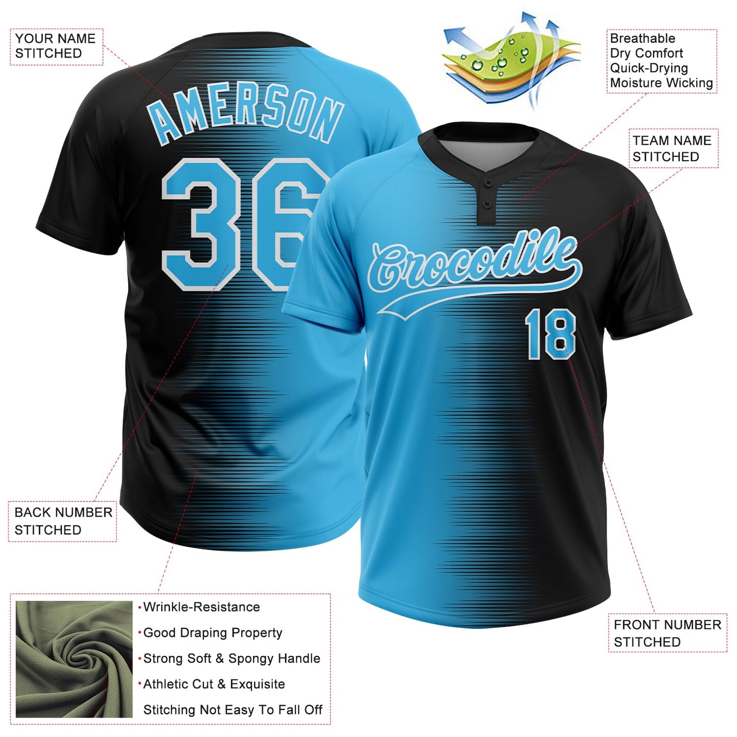 Custom Black Sky Blue-White Gradient Horizontal Stripe Two-Button Unisex Softball Jersey