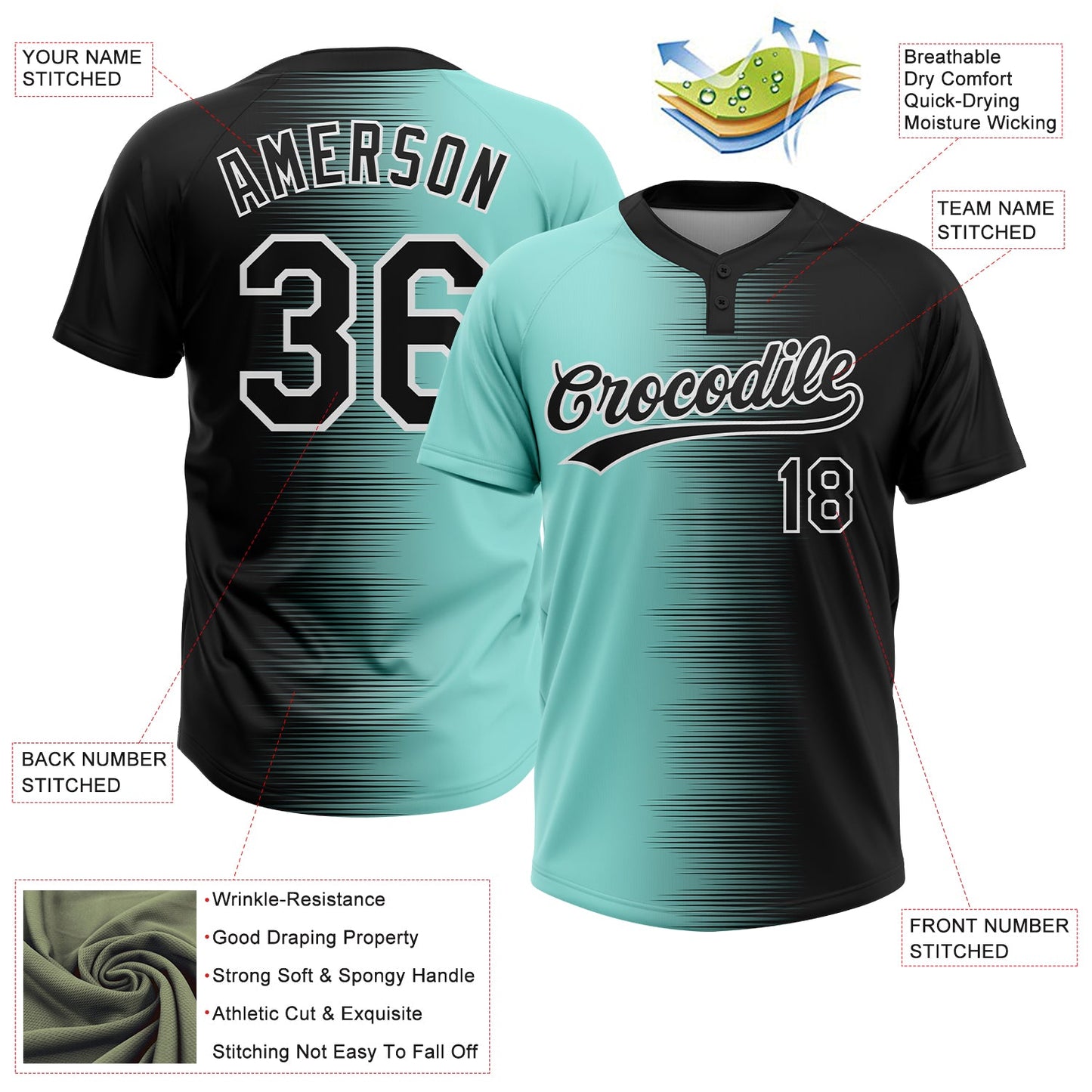 Custom Black Ice Blue-White Gradient Horizontal Stripe Two-Button Unisex Softball Jersey