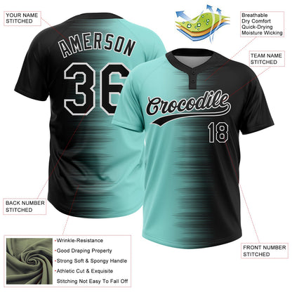 Custom Black Ice Blue-White Gradient Horizontal Stripe Two-Button Unisex Softball Jersey