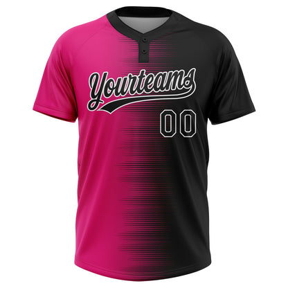 Custom Black Hot Pink-White Gradient Horizontal Stripe Two-Button Unisex Softball Jersey