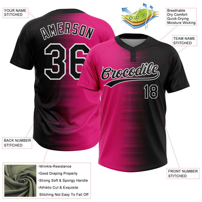 Custom Black Hot Pink-White Gradient Horizontal Stripe Two-Button Unisex Softball Jersey