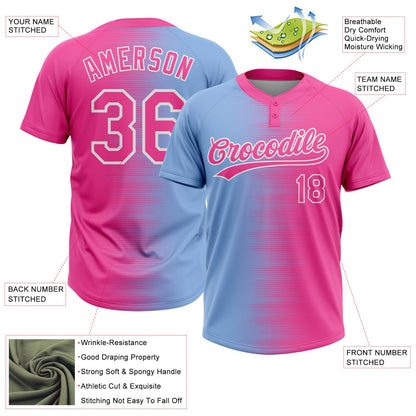 Custom Pink Light Blue-White Gradient Horizontal Stripe Two-Button Unisex Softball Jersey