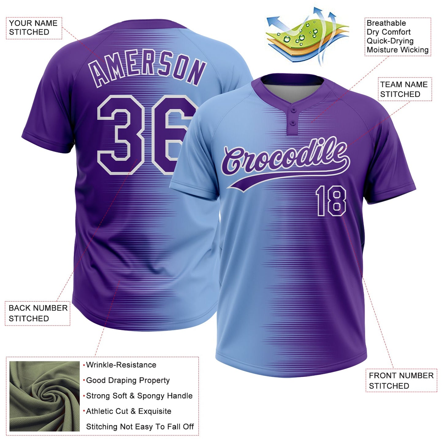 Custom Purple Light Blue-White Gradient Horizontal Stripe Two-Button Unisex Softball Jersey