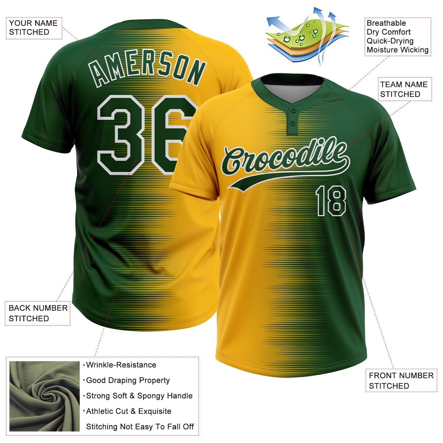 Custom Green Gold-White Gradient Horizontal Stripe Two-Button Unisex Softball Jersey