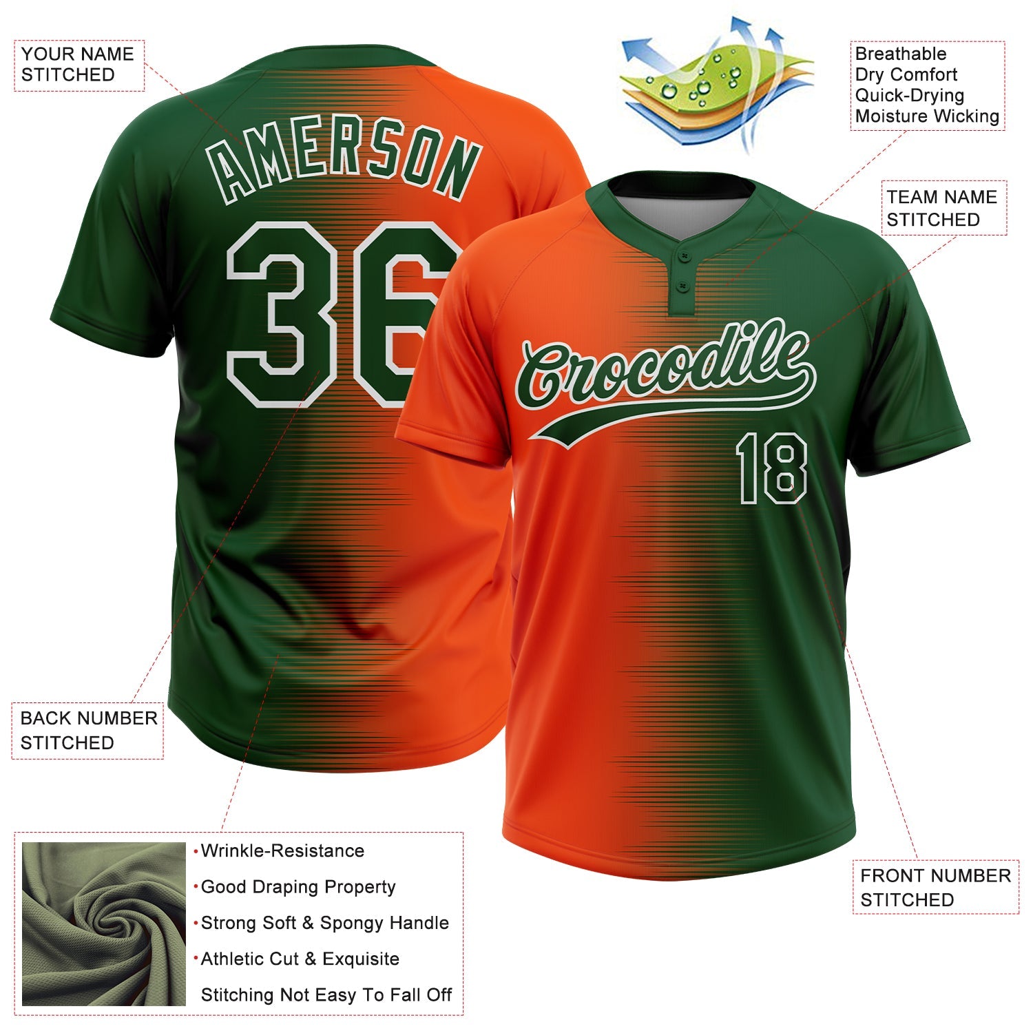 Custom Green Orange-White Gradient Horizontal Stripe Two-Button Unisex Softball Jersey