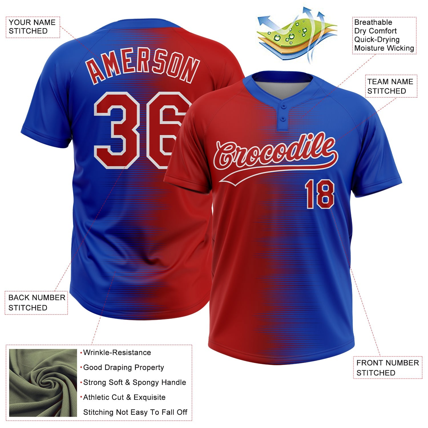 Custom Red Thunder Blue-White Gradient Horizontal Stripe Two-Button Unisex Softball Jersey