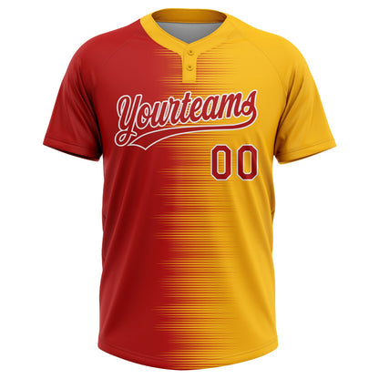 Custom Gold Red-White Gradient Horizontal Stripe Two-Button Unisex Softball Jersey