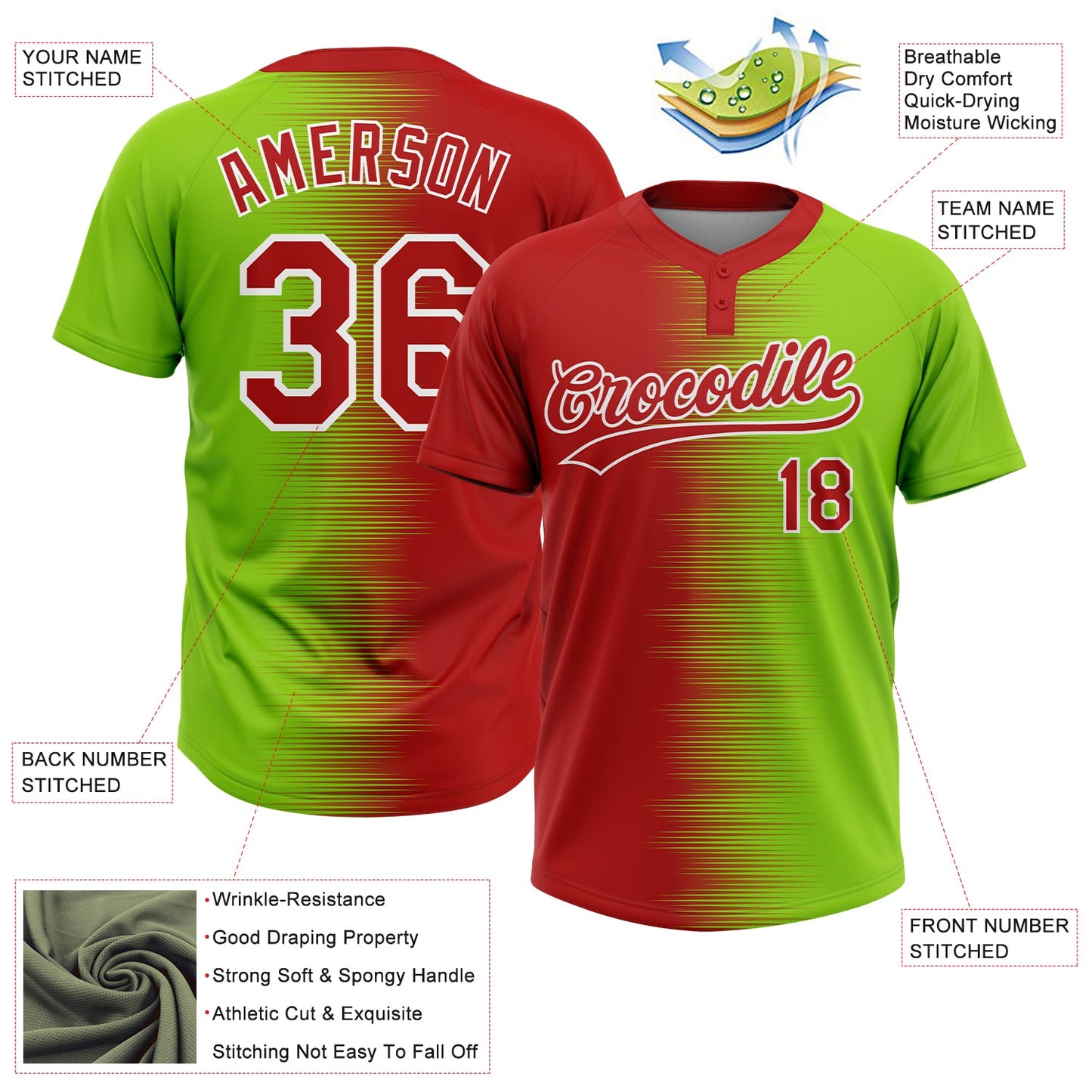 Custom Neon Green Red-White Gradient Horizontal Stripe Two-Button Unisex Softball Jersey