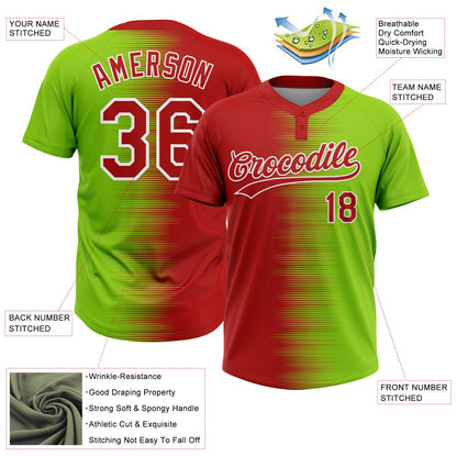Custom Neon Green Red-White Gradient Horizontal Stripe Two-Button Unisex Softball Jersey