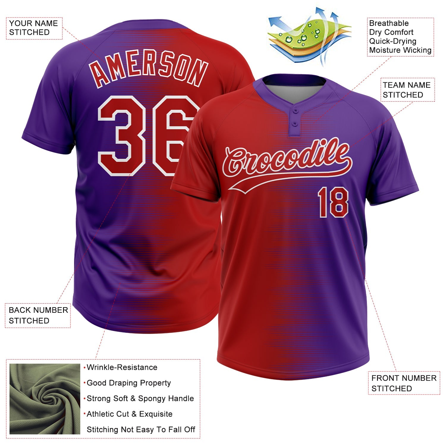 Custom Red Purple-White Gradient Horizontal Stripe Two-Button Unisex Softball Jersey