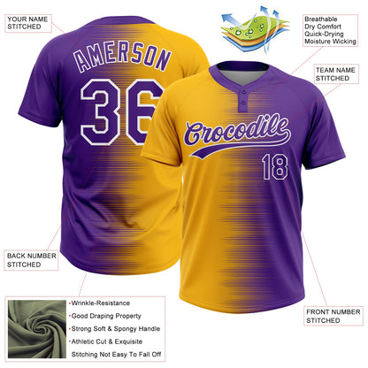 Custom Gold Purple-White Gradient Horizontal Stripe Two-Button Unisex Softball Jersey