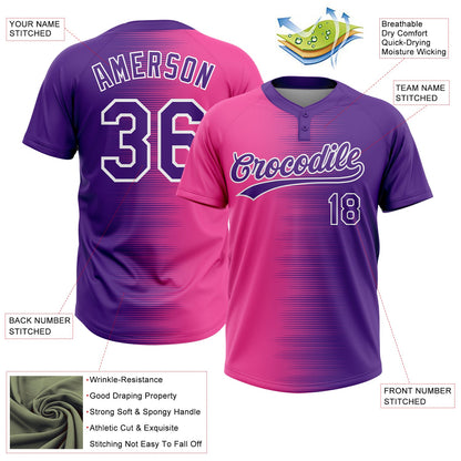Custom Pink Purple-White Gradient Horizontal Stripe Two-Button Unisex Softball Jersey