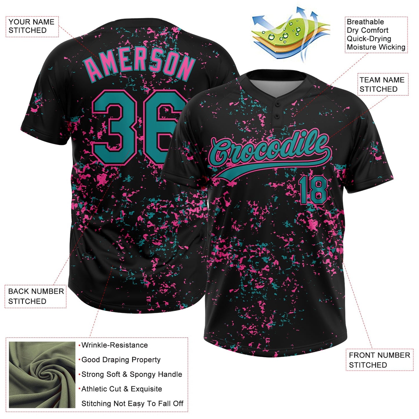 Custom Black Teal-Pink Abstract Shattered Paint Splatter Two-Button Unisex Softball Jersey