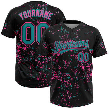 Custom Black Teal-Pink Abstract Shattered Paint Splatter Two-Button Unisex Softball Jersey