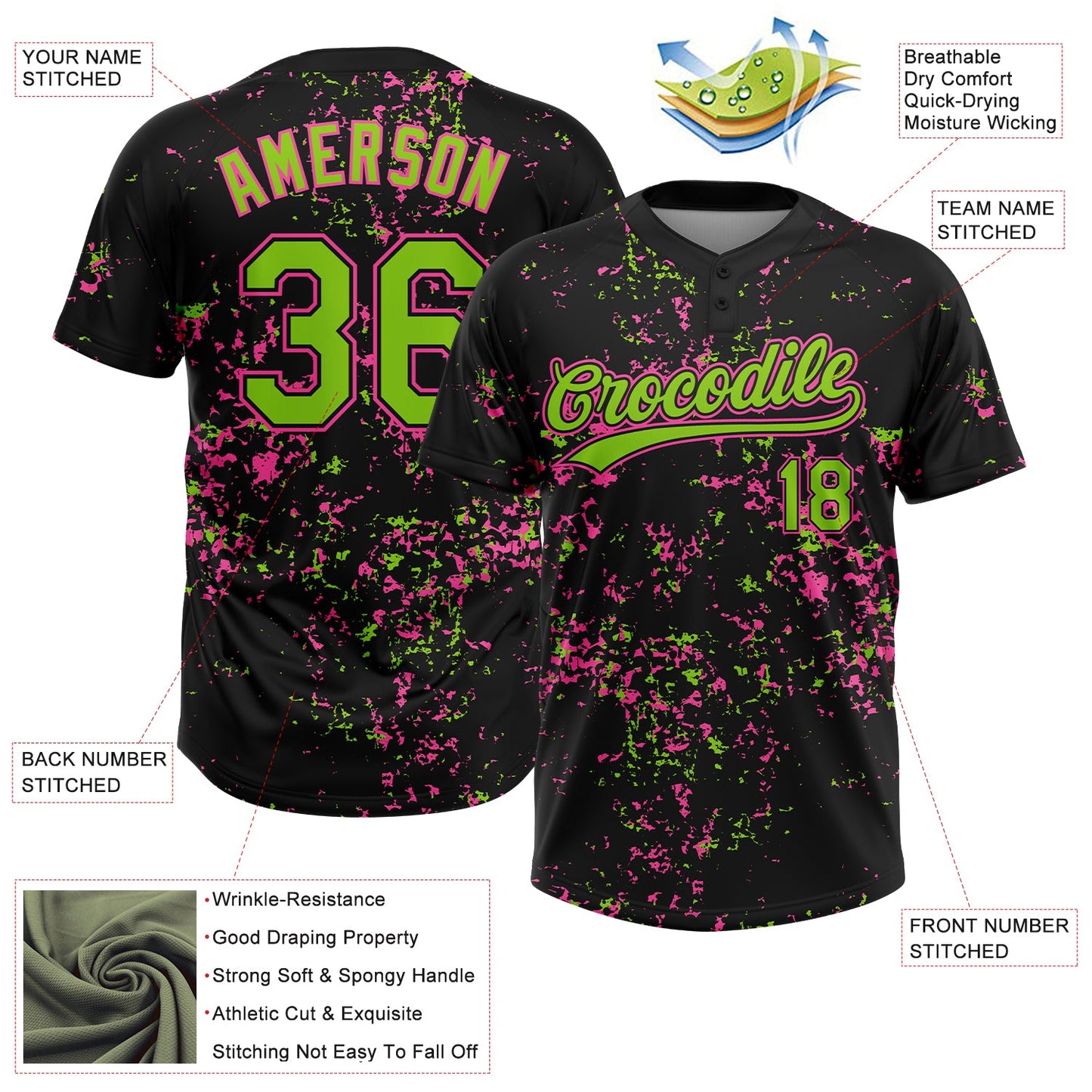 Custom Black Neon Green-Pink Abstract Shattered Paint Splatter Two-Button Unisex Softball Jersey