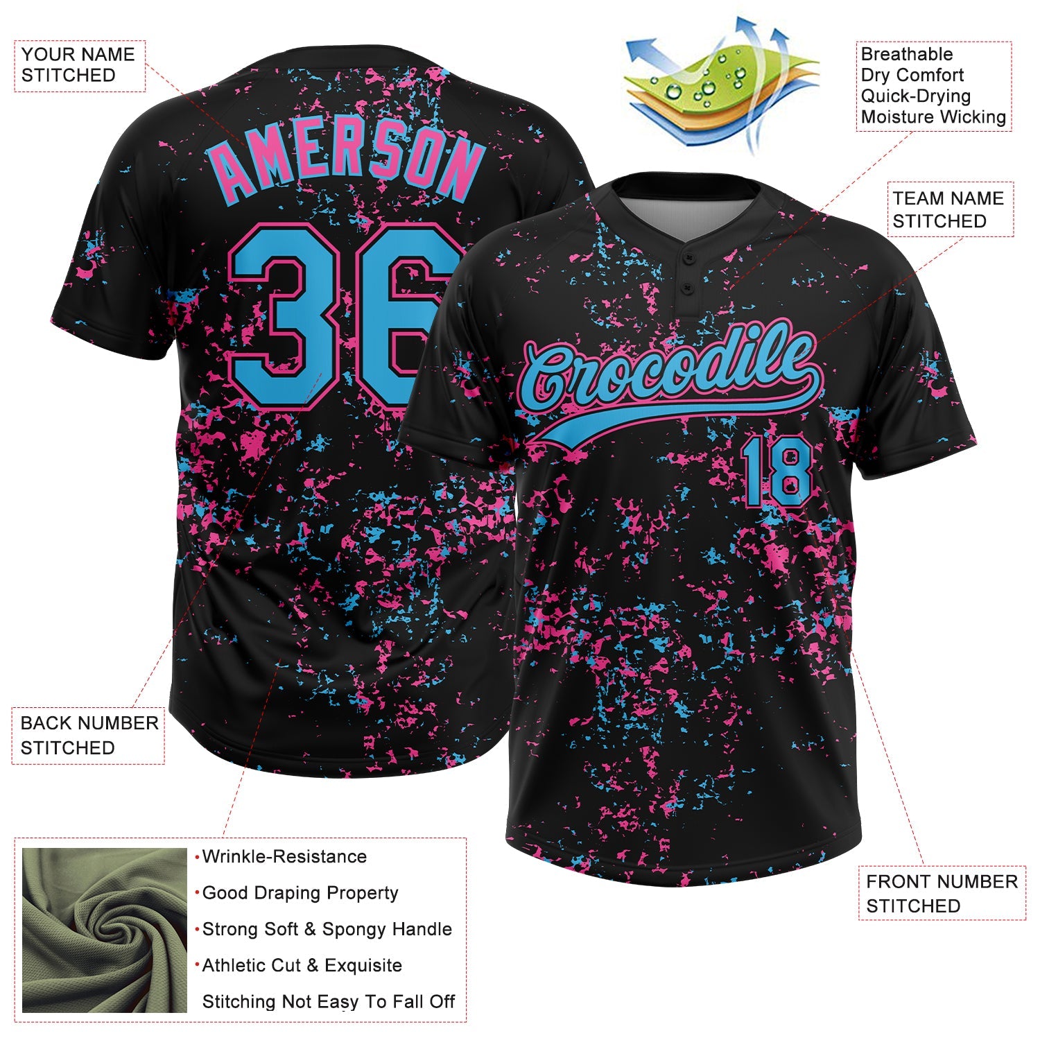 Custom Black Sky Blue Pink-Light Blue Abstract Shattered Paint Splatter Two-Button Unisex Softball Jersey