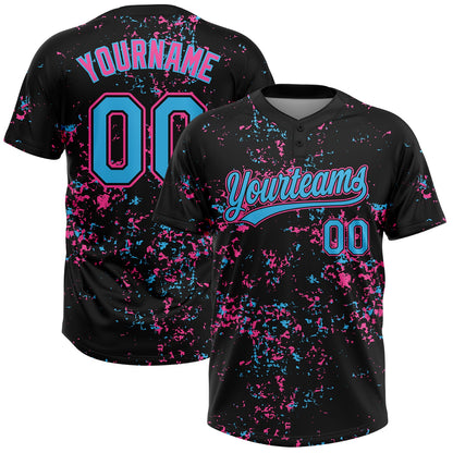 Custom Black Sky Blue Pink-Light Blue Abstract Shattered Paint Splatter Two-Button Unisex Softball Jersey