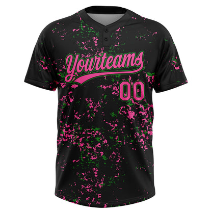 Custom Black Pink-Grass Green Abstract Shattered Paint Splatter Two-Button Unisex Softball Jersey