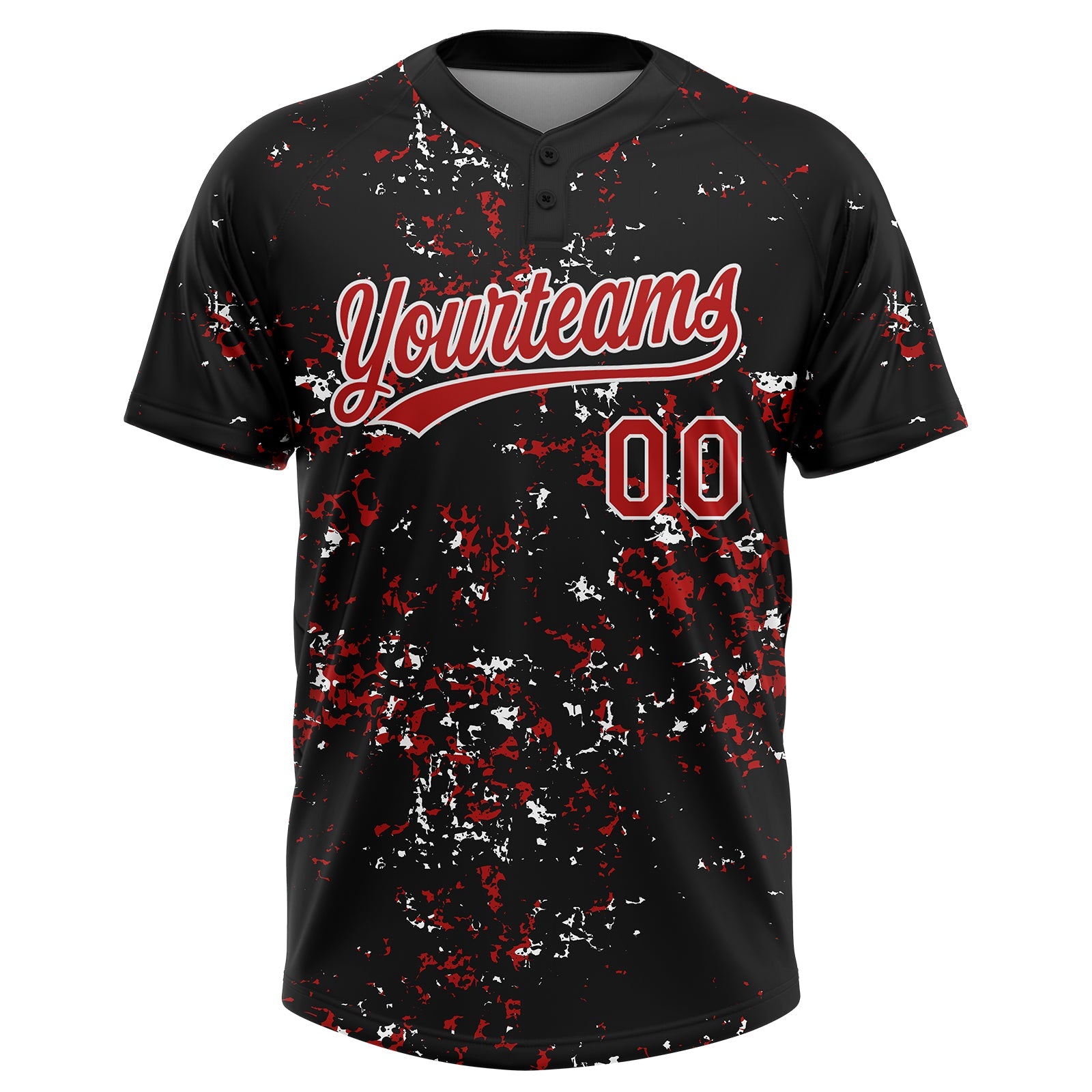 Custom Black Red-White Abstract Shattered Paint Splatter Two-Button Unisex Softball Jersey