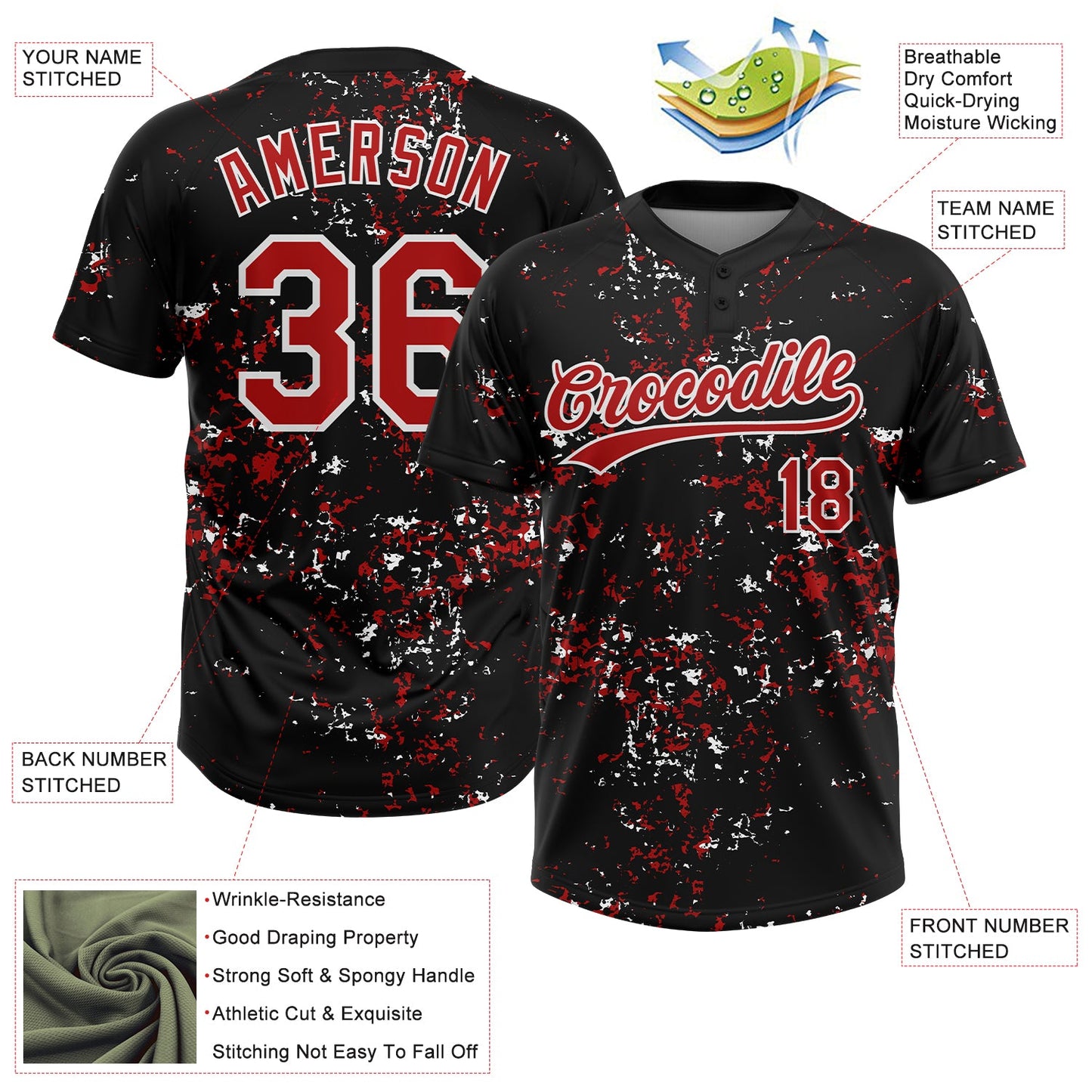 Custom Black Red-White Abstract Shattered Paint Splatter Two-Button Unisex Softball Jersey