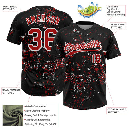 Custom Black Red-White Abstract Shattered Paint Splatter Two-Button Unisex Softball Jersey
