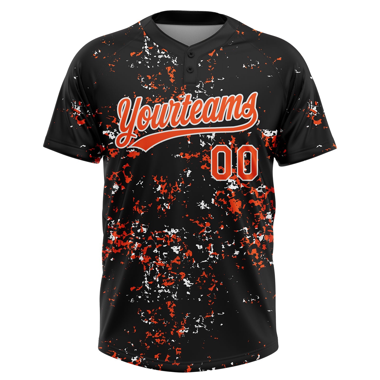 Custom Black Orange-White Abstract Shattered Paint Splatter Two-Button Unisex Softball Jersey
