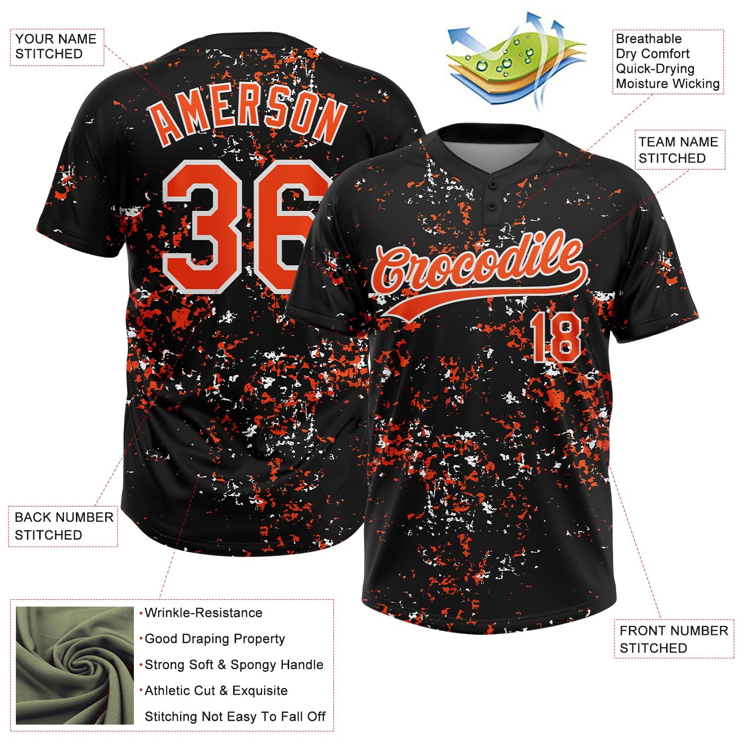 Custom Black Orange-White Abstract Shattered Paint Splatter Two-Button Unisex Softball Jersey