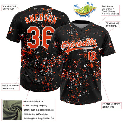 Custom Black Orange-White Abstract Shattered Paint Splatter Two-Button Unisex Softball Jersey