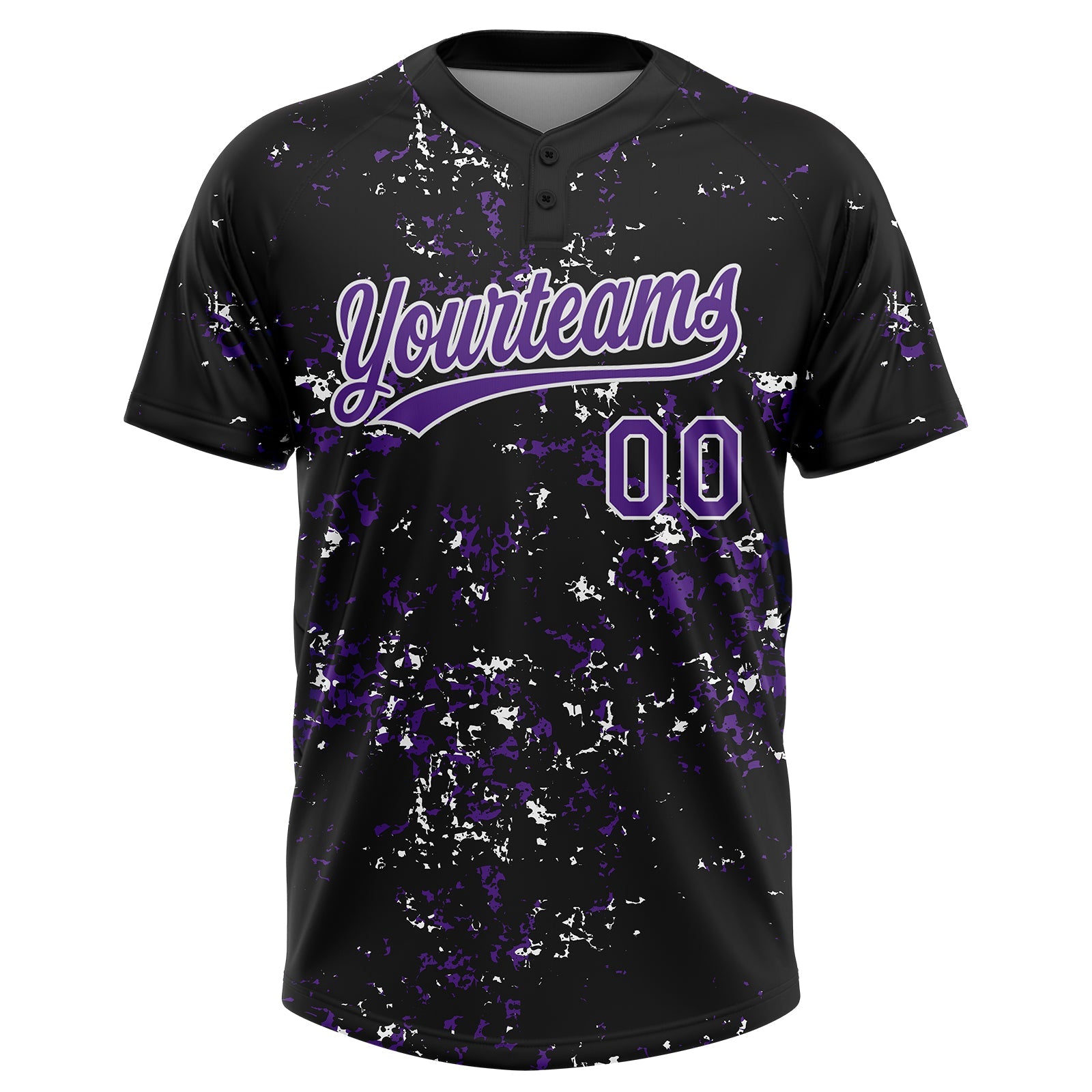 Custom Black Purple-White Abstract Shattered Paint Splatter Two-Button Unisex Softball Jersey
