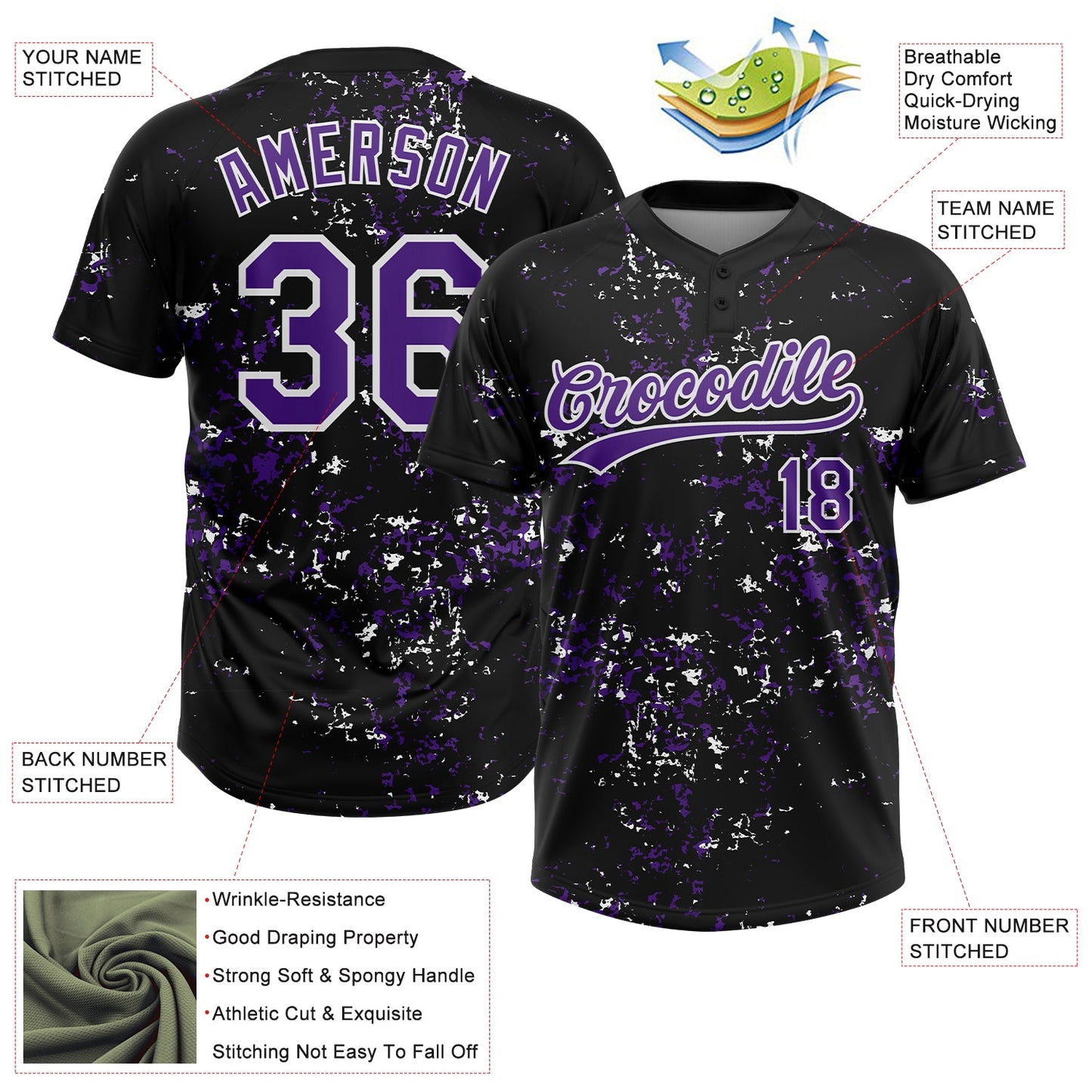 Custom Black Purple-White Abstract Shattered Paint Splatter Two-Button Unisex Softball Jersey
