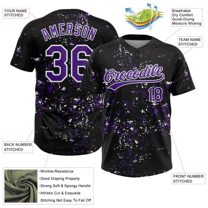 Custom Black Purple-White Abstract Shattered Paint Splatter Two-Button Unisex Softball Jersey