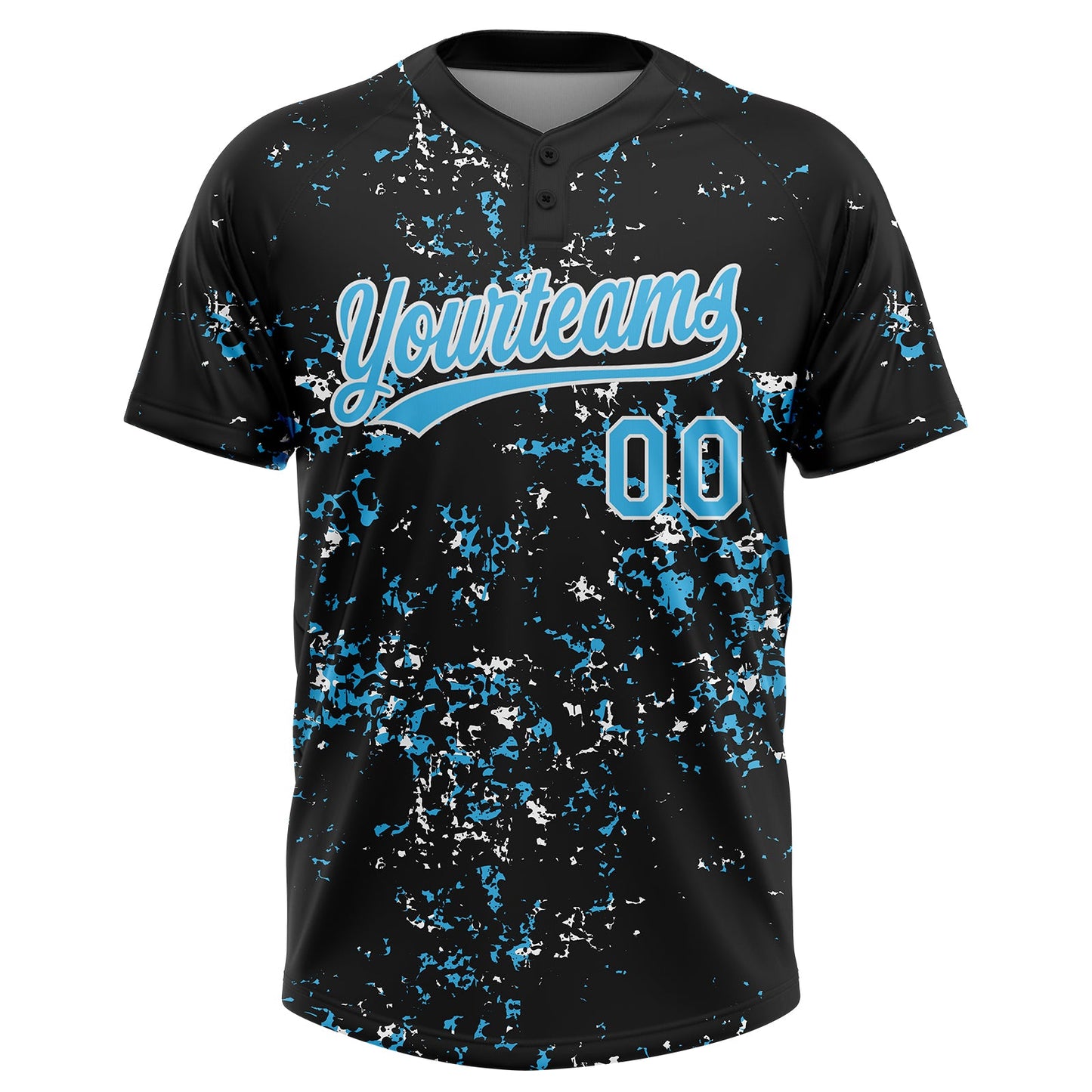 Custom Black Sky Blue-White Abstract Shattered Paint Splatter Two-Button Unisex Softball Jersey