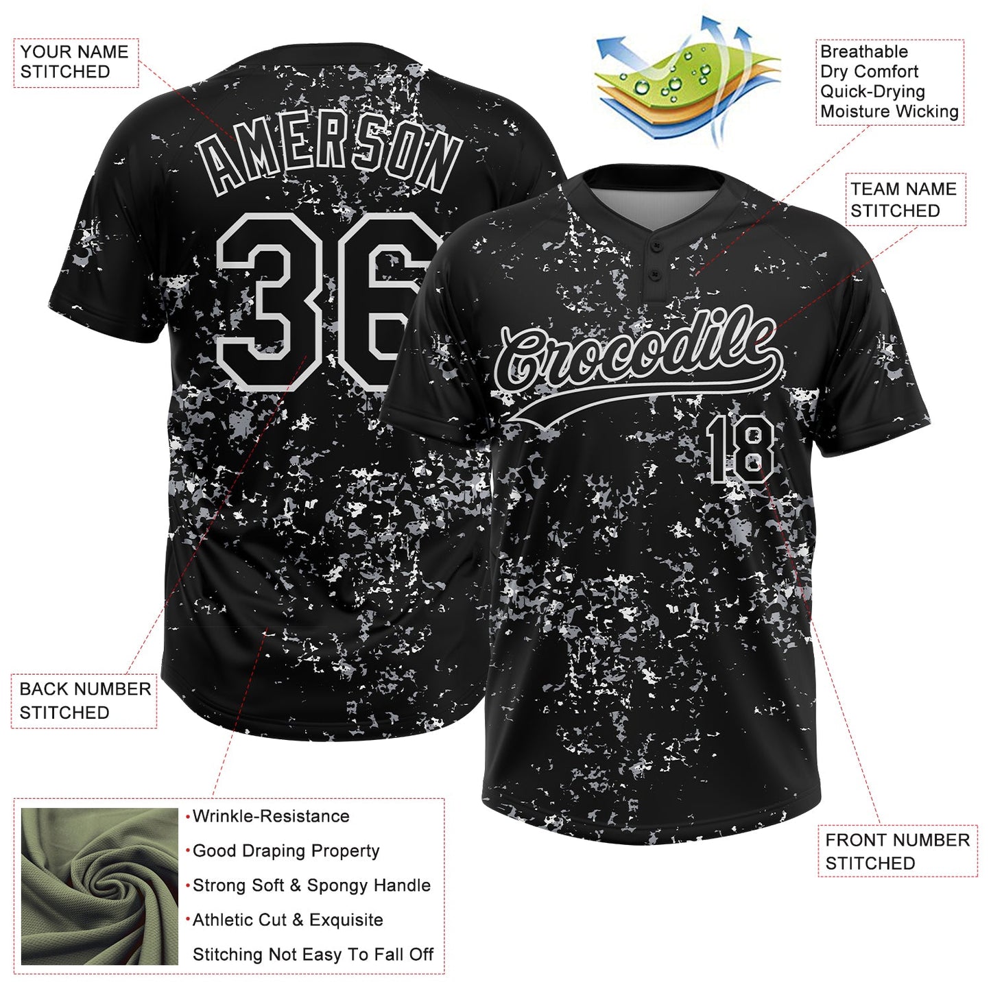 Custom Black White-Light Gray Abstract Shattered Paint Splatter Two-Button Unisex Softball Jersey
