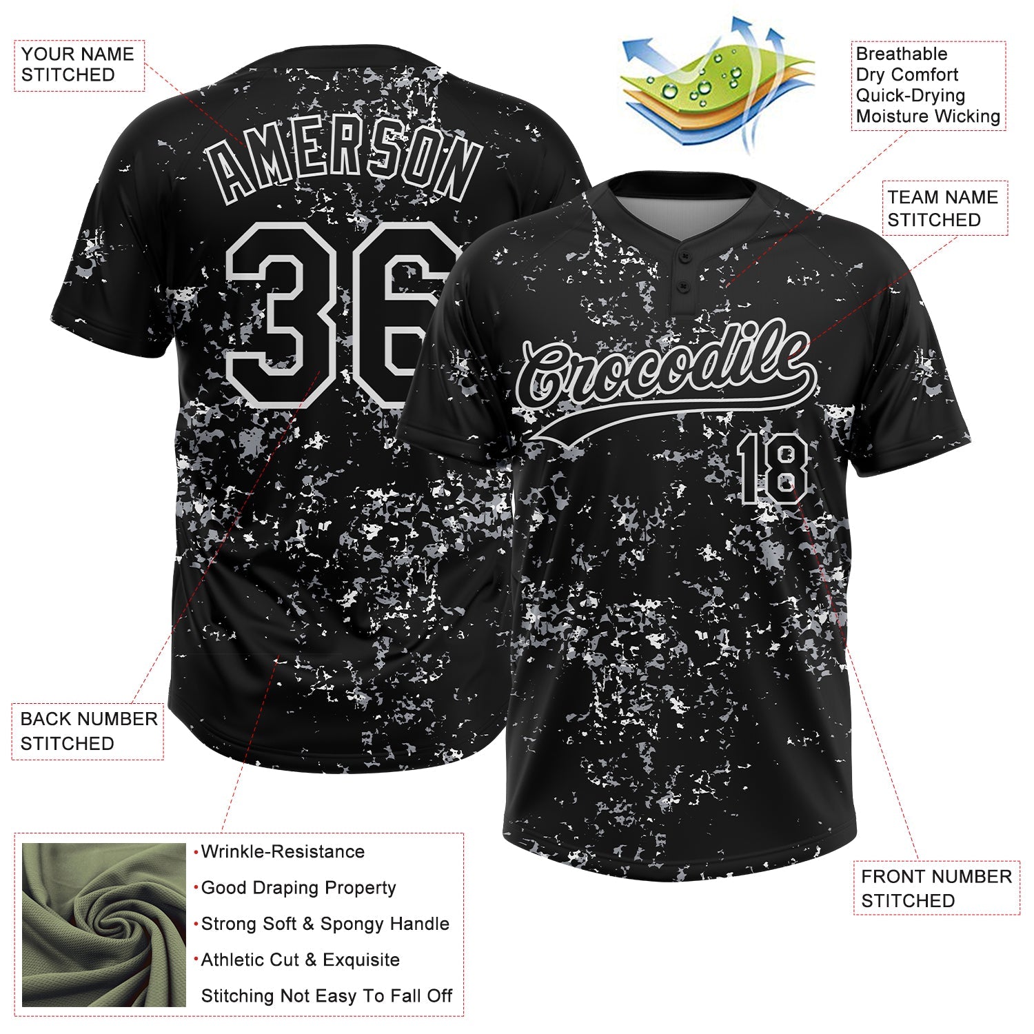 Custom Black White-Light Gray Abstract Shattered Paint Splatter Two-Button Unisex Softball Jersey