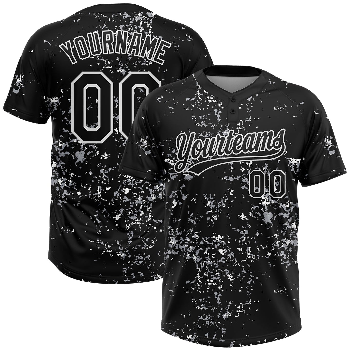 Custom Black White-Light Gray Abstract Shattered Paint Splatter Two-Button Unisex Softball Jersey